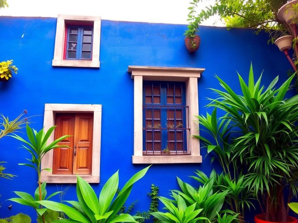 Cobalt-blue exterior wall of Casa Azul, Frida Kahlo's home in Coyoacán