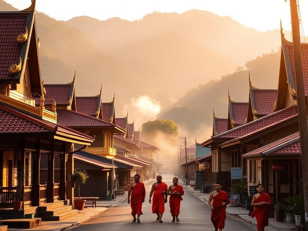 Saffron-robed monks receiving alms at dawn on a quiet street in Luang Prabang