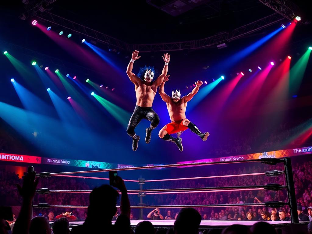 Masked Lucha Libre wrestlers leaping mid-air at Arena México