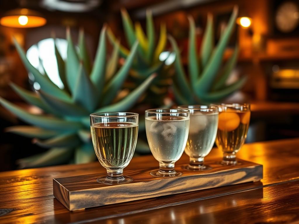 Flight of mezcal and tequila tasting glasses on a wooden bar with agave plants