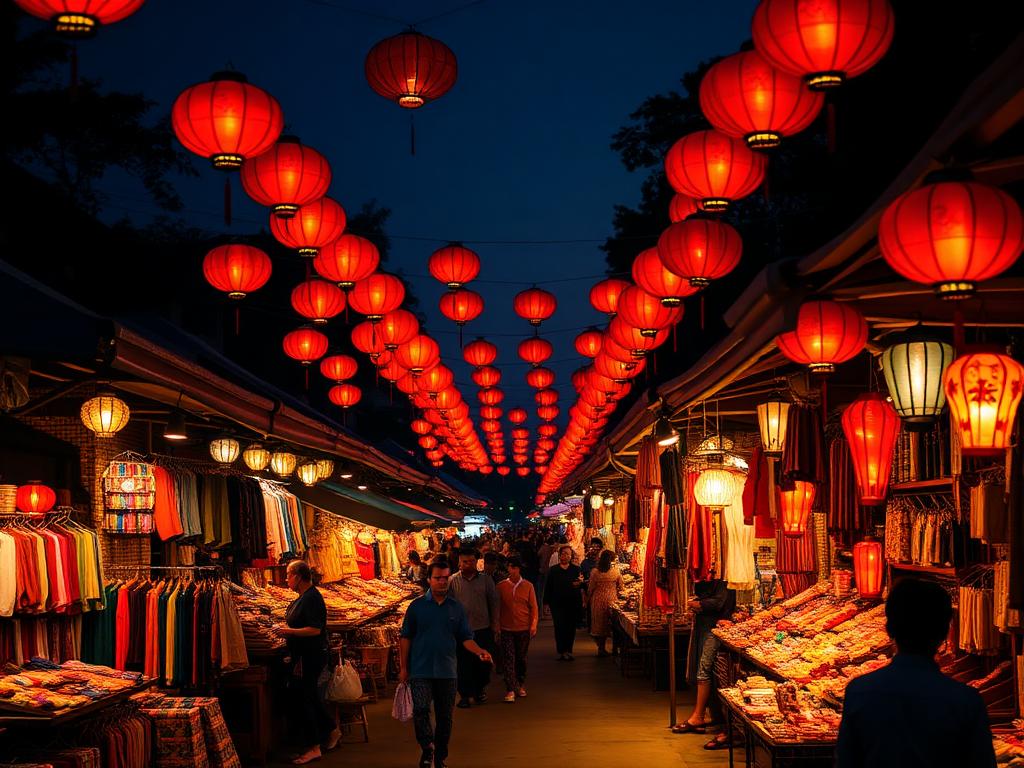 Red lanterns glowing above rows of colorful stalls at Luang Prabang night market