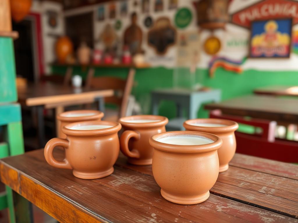 Clay cups filled with milky pulque on a wooden table inside a traditional pulquería
