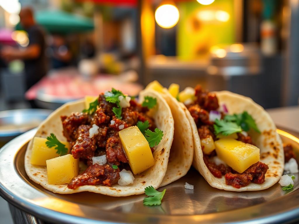 Tacos al pastor with pineapple, cilantro and onion at a Mexico City street stand