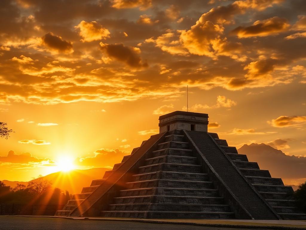 Pyramid of the Sun at Teotihuacán glowing in golden sunrise light